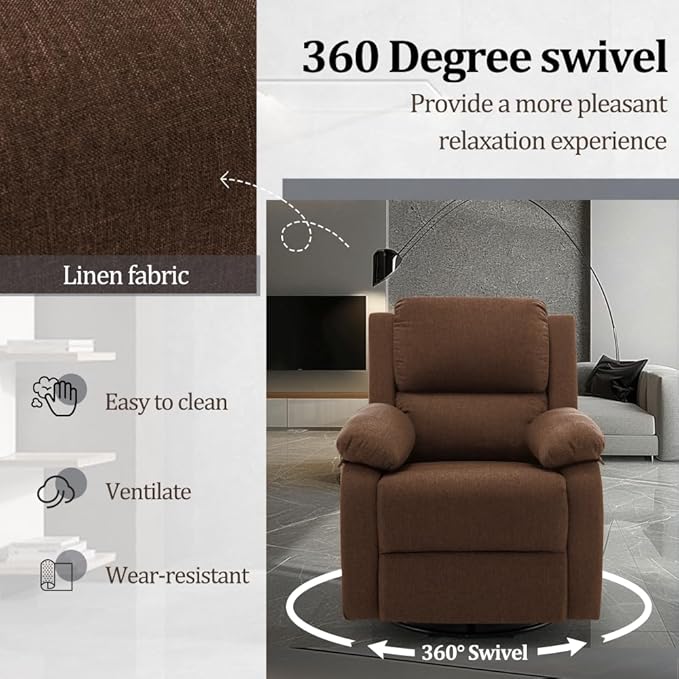 Recliner Chair, 360 Swivel Rocker Chair for Adults, Small Rocking Recliner Chair for Small Spaces, Upholstered Fabric Glider Recliner Nursery Chair with Side Pockets for Nursery, Living Room