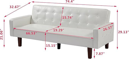 74" Loveseat Sofa with Vintage Button Tufting, Faux Leather Convertible Sleeper Futon Sofa Bed with Spring Cushion and Wood Legs for Apartments, Offices, Reception Areas, Living Rooms, White