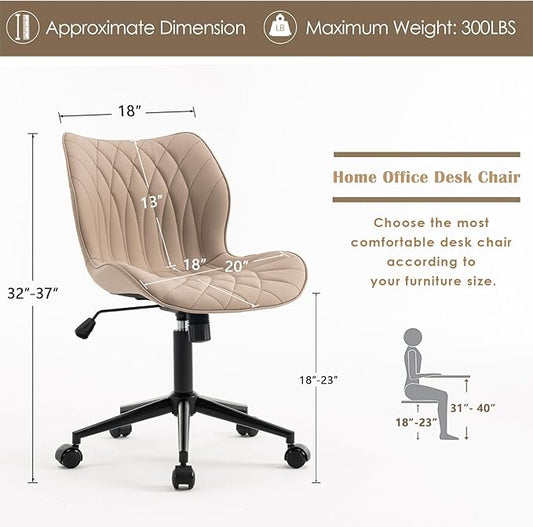 YOUNUOKE Armless Desk Chair Comfy Office Chair with Wheels Home Ergonomic Task Chair Adjustable Computer Chairs Modern Faux Leather Swivel Chair Upholstered Makeup Vanity Chair with Back(Khaki)
