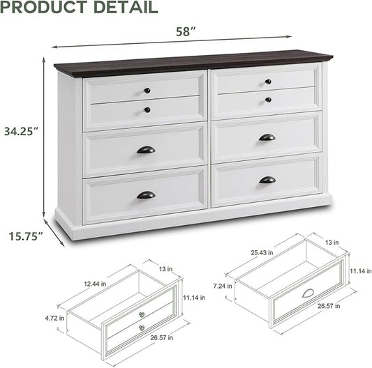 Farmhouse 6 Drawers Dresser for Bedroom, 58" Wide Dresser Chest of Drawers Organizer Storage, Wood Rustic Chest for Closet w/Two Different Drawer Sizes for Living Room, Hallway, White