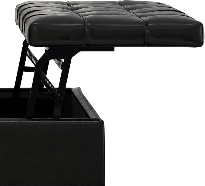SIMPLIHOME Mariah 36 inch Wide Contemporary Rectangle Lift Top Table Storage Ottoman in Midnight Black PU Black faux leather, Assembled, For the Living Room, Entryway and Family Room