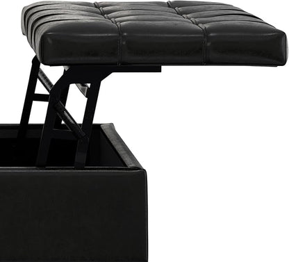 SIMPLIHOME Mariah 36 inch Wide Contemporary Rectangle Lift Top Table Storage Ottoman in Midnight Black PU Black faux leather, Assembled, For the Living Room, Entryway and Family Room