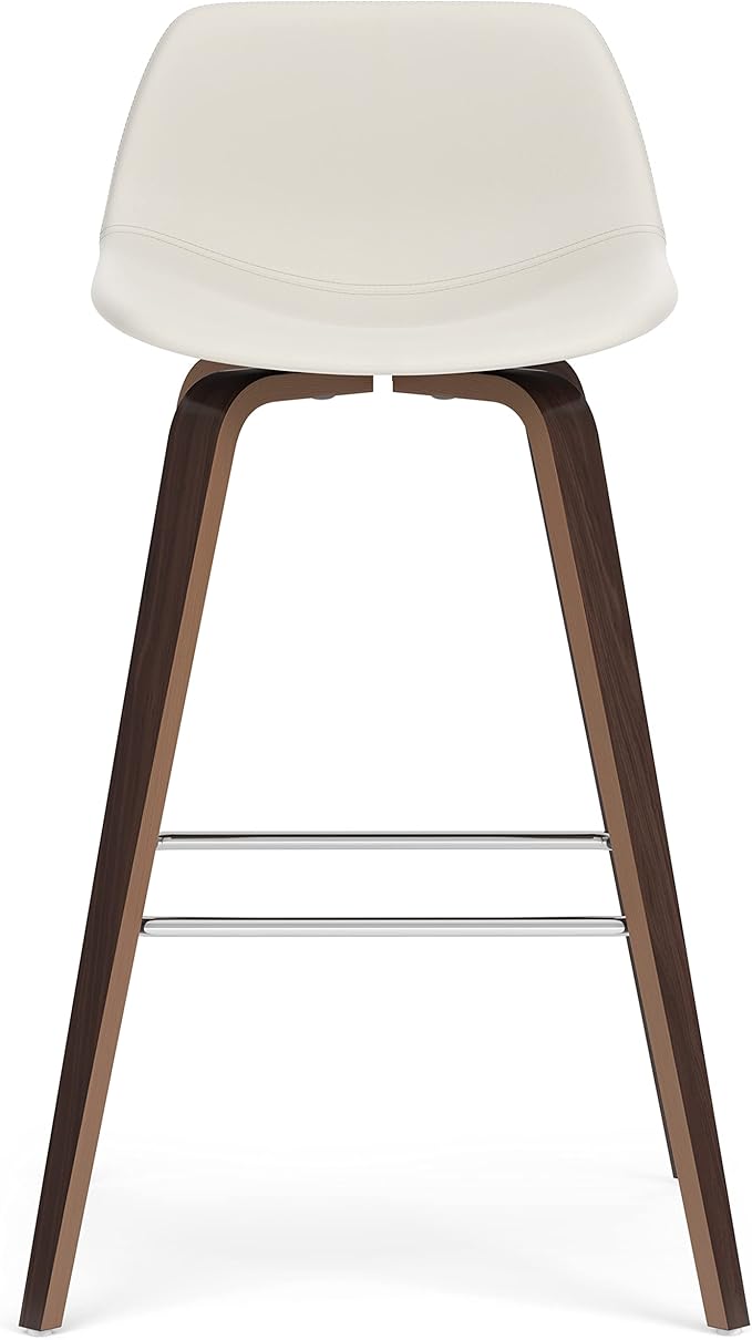 SIMPLIHOME Randolph Counter Stools (Set of 2) - 28 Inch Seat Height Upholstered Bentwood Kitchen Seats in Cream PU Faux Leather, Mid Century Modern Seating with Curved Backrest and Chrome Footrest