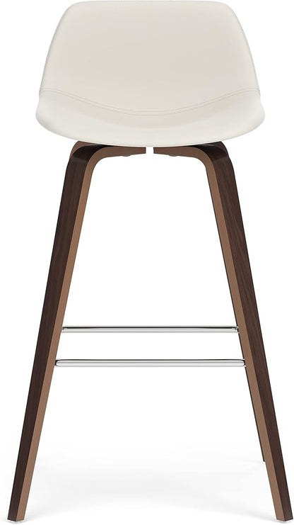 SIMPLIHOME Randolph Counter Stools (Set of 2) - 28 Inch Seat Height Upholstered Bentwood Kitchen Seats in Cream PU Faux Leather, Mid Century Modern Seating with Curved Backrest and Chrome Footrest