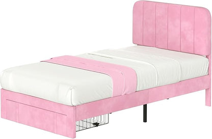 VECELO Twin Size Upholstered Bed Frame with 4 Drawers and Headboard, Velvet Platform Storage Bedframe, Wooden Slats Support, No Box Spring Needed,Pink