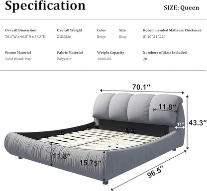 Queen Size Upholstered Platform Bed with Oversized Padded Backrest and Solid Wood Frame for Bedroom, Apartment Room (Grey, Queen (U.S. Standard))