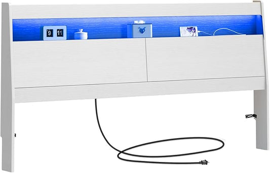 Modern Wooden Headboard with Storage, LED Light, Power Outlets, 2 USB Ports, Black, Skirting Groove (White, Queen)