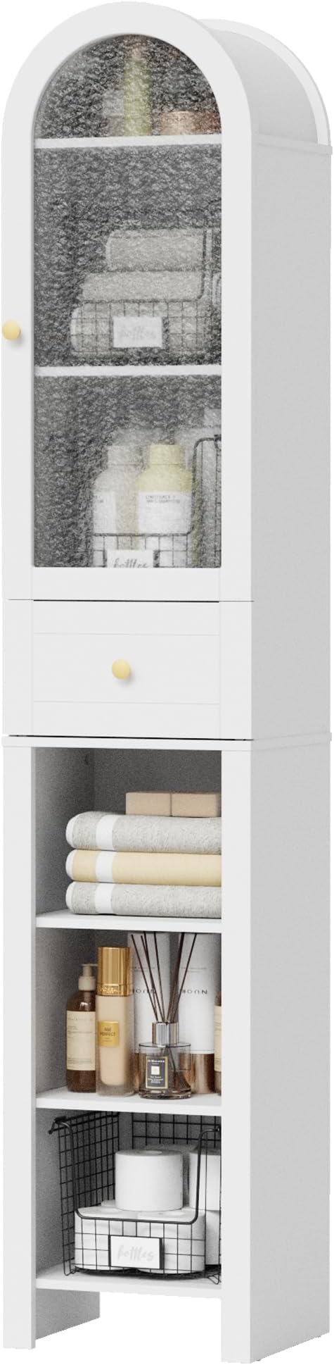 70" Tall Bathroom Storage Cabinet with Acrylic Door，Narrow Storage Cabinet with Drawer Adjustable Shelves, Modern Arched Design Bathroom Cabinet for Bathroom, Living Room, Kitchen, White