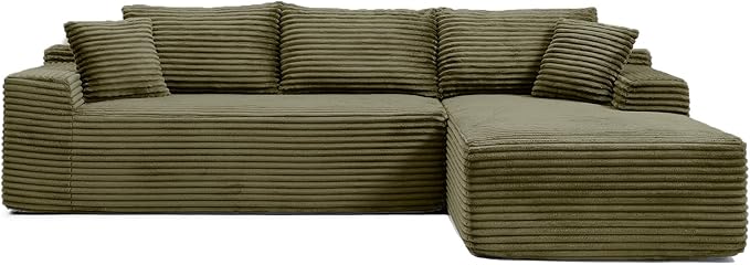 108 Inch Cloud Sectional Couch,Modern Modular Sectional Sofa with Deep Seat,Corduroy Boneless Couches with L-Shape Chaise for Living Room,No Assembly Required (Green, Right Facing Chaise)