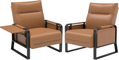Faux Leather Accent Chairs Set of 2 with Flip Up Tray Tables Soft Backrest for Living Room Office Bedroom Modern Accent Chairs, Brown