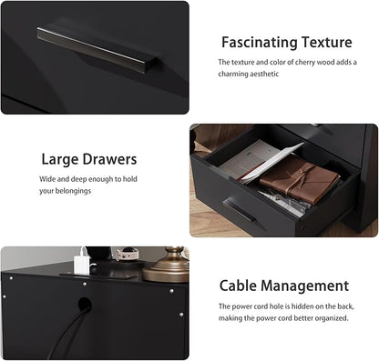 LIDYUK Black Dresser for Bedroom, 3 Drawer Dressers & Chest of Drawers, Modern Wood Dresser with Charging Station, End Table Nightstand Bedside Table for Bedroom, Living Room