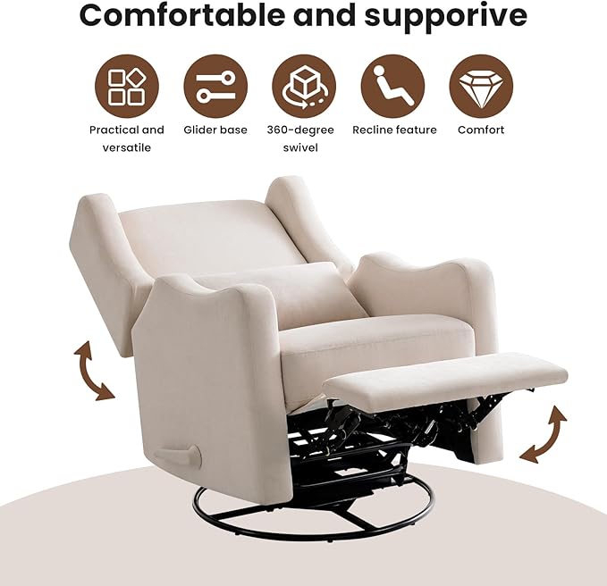 Harkawon Wingback Glider Rocking Recliner, Swivel Rocker Recliner Chair, Nursery Rocking Chair, Fabric Chair with Lumber Support, High Back, Deep Seat, for Living Room, Bedroom, Beige