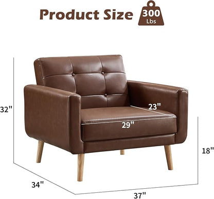 CANMOV 29" W Oversized Leather Accent Chair Set of 2, Armchair Button Back, Mid Century Modern Accent Chairs for Living Room, Modern Upholstered Bed Room Chair Cozy Armchair with Wood Legs, Brown