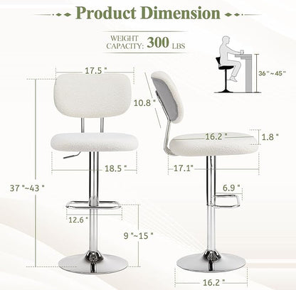 Furniliving Adjustable Bar Stools Set of 2, Modern Teddy Velvet Swivel Barstools with Curved Back, Stylish Armless Counter Height Bar Stools Bar Chairs for Kitchen Island, Bar, Grey