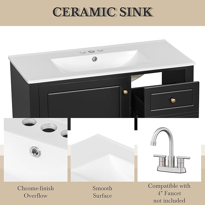 36 Inch Bathroom Vanity with Sink Set, Undermount Vanity Sink Cabinet with 3 Drawers and Door Storage, Soft Closing Door, Wood Frame, Black