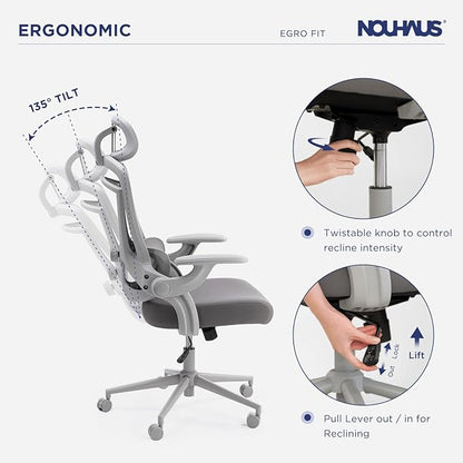 Nouhaus Ergo Fit Ergonomic Mesh Office Chair High Back Adjustable Lumbar Support Headrest and Adjustable Flip-up Armrests, Comfy Desk Chairs Swivel Computer Gaming Chair Tilt Function(N20, Grey)