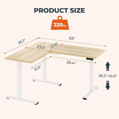 L-Shaped Standing Desk, 63 x 55 Inches Height Adjustable Desk with Storage, Sit and Stand up for Work Office Home, Ergonomic Rising Computer Table for Home Office with Splice Board, Maple