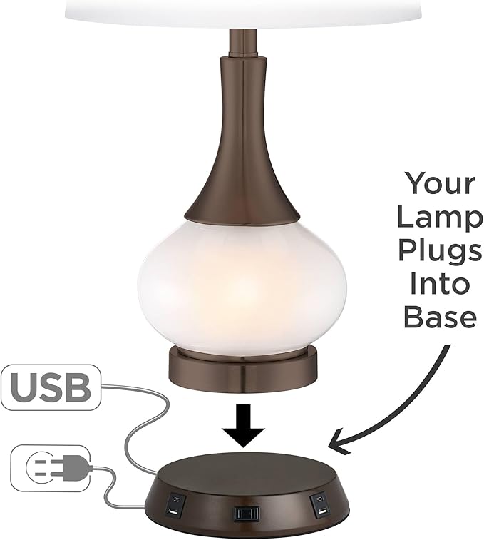 Possini Euro Design Cosgrove Mid Century Modern Table Lamp with USB and AC Power Outlet Workstation Charging Base 26.5" High Textured White Ceramic Light Brown Linen Drum Shade for Living Room