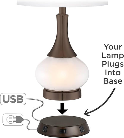 Possini Euro Design Cosgrove Mid Century Modern Table Lamp with USB and AC Power Outlet Workstation Charging Base 26.5" High Textured White Ceramic Light Brown Linen Drum Shade for Living Room