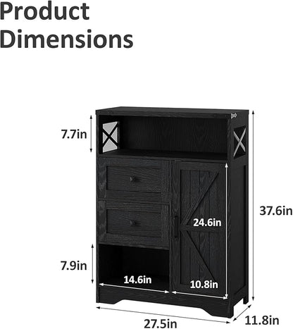 Fameill Farmhouse Storage Cabinet with 2 Drawers & Shelves,Freestanding Kitchen Cabinet with Doors,Floor Storage Organization for Living Room,Bathroom,Laundry,Black