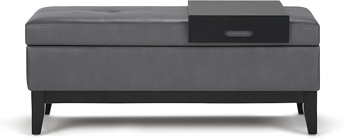 SIMPLIHOME Oregon 42 inch Wide Contemporary Rectangle Storage Ottoman Bench with Tray in Stone Grey Vegan Faux Leather, Assembled, For the Living Room, Entryway and Family Room