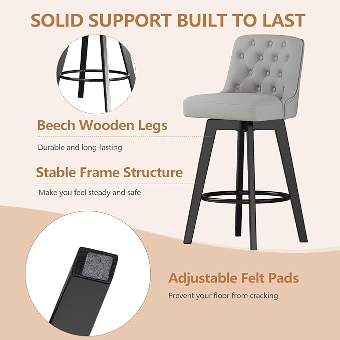 MINCETA Bar Stool, PU Leather Barstool, 30 Inch Upholstered Counter Stool with Low Tufted Back and Footrest, Swivel Counter Height Barstool for Kitchen Island Home Bar Light Gray