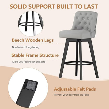 MINCETA Bar Stool, PU Leather Barstool, 30 Inch Upholstered Counter Stool with Low Tufted Back and Footrest, Swivel Counter Height Barstool for Kitchen Island Home Bar Light Gray