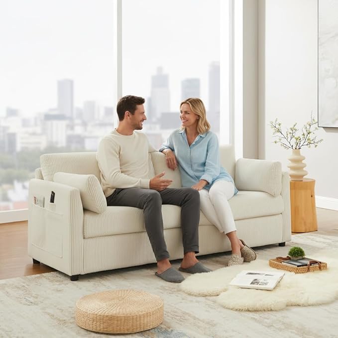 3 Seater Couches for Living Room, 79" Modern Corduroy Sofa with 2 Pillows and Storage Pockets, Small Beige Couches for Apartment, Small Spaces, Home Office