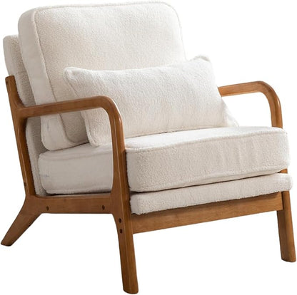 Mid-Century Accent Chair Set of 2,Sherpa Fabric Lounge Chair with Wide Armrest,Sherpa Fabric Armchair with Lumbar Pillow & Solid Wood Frame for Living Room, Bedroom, Balcony(White)