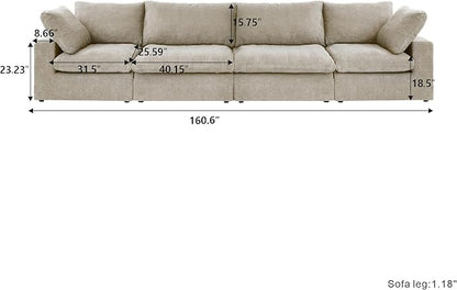 160.6" Cloud Modular Sectional Sofa with Thick Cushion, Wide 4-Seater Minimalist Sofa Couch,Convertible Couch Deep Seat Couches for Modern Living Room Sets (Khaki, 4 Seater)