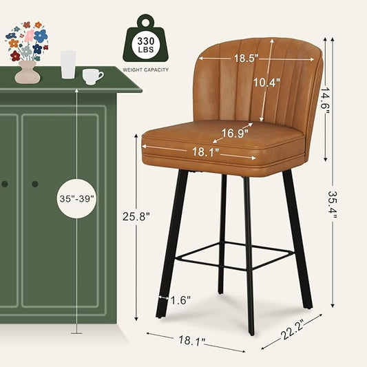 Swivel Counter Height Bar Stools Set of 4, 26'' Modern Barstools with Backs and Metal Legs, Upholstered Bar Chairs, Faux Leather Whiskey Brown Stools for Kitchen Island Chairs