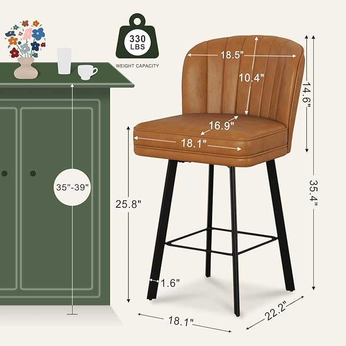 Swivel Counter Height Bar Stools Set of 2, 26'' Modern Barstools with Backs and Metal Legs, Upholstered Bar Chairs, Faux Leather Whiskey Brown Stools for Kitchen Island Chairs