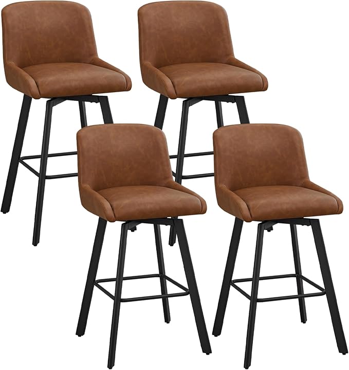 Swivel Bar Stools Set of 4, 30''H Upholstered Barstools with Backs, Modern Counter Height Bar Stool Chairs for Kitchen Island, Metal Legs, Faux Leather, Brown Counter Stools