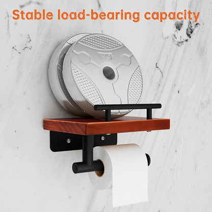 Toilet Paper Holder with Wood Shelf, Wall Mount Toilet Paper Roll Holder with Wooden Shelf and Matte Black Stainless Steel Pipe, Tissue Roll Holder for Bathroom Washroom (Dark Brown, 7.9'' x 5.9'')