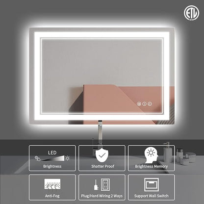 48x28 Inch LED Bathroom Mirror with Lights, Backlit and Front Lighted Bathroom Mirrors for Wall, Anti-Fog Dimmable, Memory, Shatterproof, LED Vanity Mirror for Bathroom