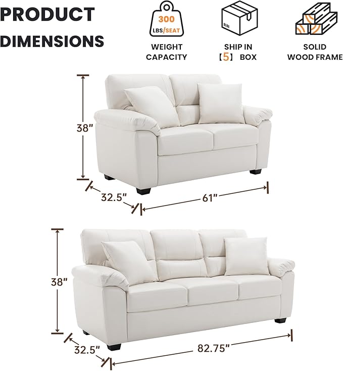 Morden Fort Faux Leather Loveseat and 3 Seater Sofa Set, Modern Luxury Furniture with Removable and Easy to Clean Cushions, Skin-Friendly Wide Arm for Living Room Apartment Office Lounge, White