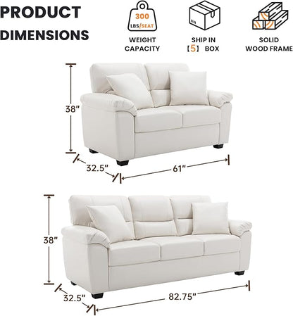 Morden Fort Faux Leather Loveseat and 3 Seater Sofa Set, Modern Luxury Furniture with Removable and Easy to Clean Cushions, Skin-Friendly Wide Arm for Living Room Apartment Office Lounge, White