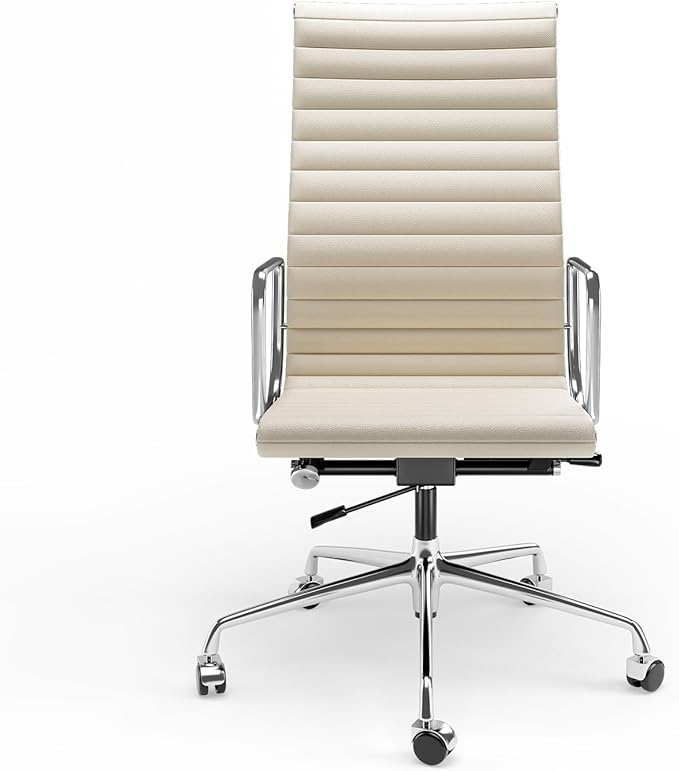 High Back Genuine Leather Ribbed Office Chair-Ergonomic Desk Chair with Aluminum Alloy Armrest & Frame, Swivel Silent Wheels & Tilt Function, Adjustable Height