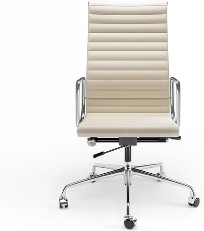 High Back Genuine Leather Ribbed Office Chair-Ergonomic Desk Chair with Aluminum Alloy Armrest & Frame, Swivel Silent Wheels & Tilt Function, Adjustable Height