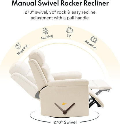 FLEXISPOT XRC6 Nursery Swivel Rocker Recliner with Massage & Heat, Rocking Glider Chair w/ 28" High Back, Comfy Upholstered Armchair for Living Room Nursery, FSC Certified(Premium Chenille, Beige)