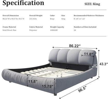 King Size Upholstered Platform Bed with Oversized Padded Backrest and Solid Wood Frame for Bedroom, Apartment Room, Gray