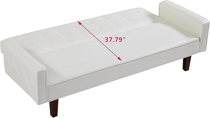 74" Loveseat Sofa with Vintage Button Tufting, Faux Leather Convertible Sleeper Futon Sofa Bed with Spring Cushion and Wood Legs for Apartments, Offices, Reception Areas, Living Rooms, White