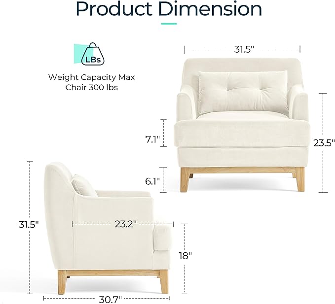 LINSY Accent Chair, Large Reading Chair with Rubberwood Base, Mid Century Modern Armchair with Lumbar Pillow, Cozy Single Sofa Chair for Living Room Bedroom Office Study, Velvet Arm Chair, Beige