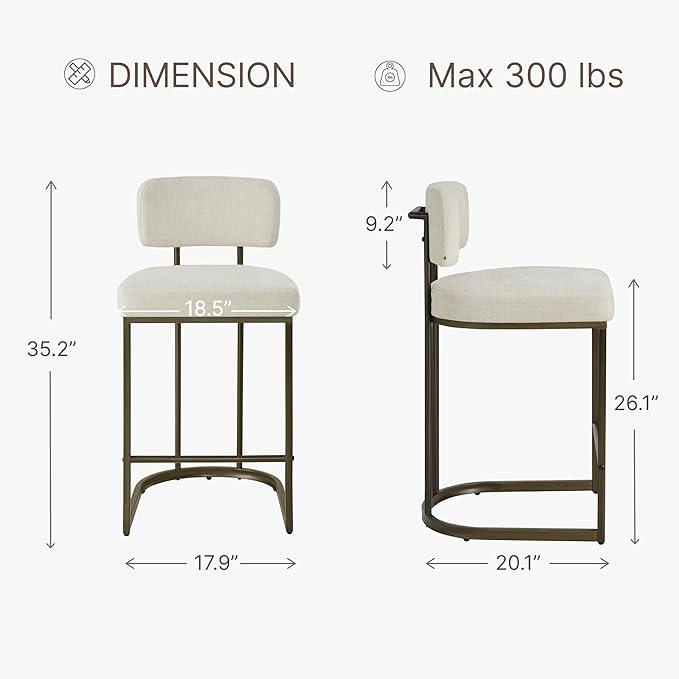 26" H Counter Height Bar Stools Set of 2, Modern Linen Fabric Upholstered Barstools with Backrest for Kitchen Island, Gold Metal Frames, Linen