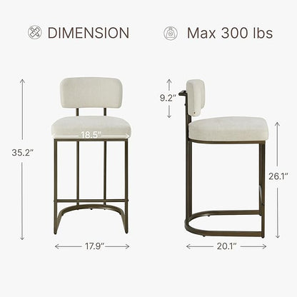 26" H Counter Height Bar Stools Set of 3, Modern Linen Fabric Upholstered Barstools with Backrest for Kitchen Island, Gold Metal Frames, Linen
