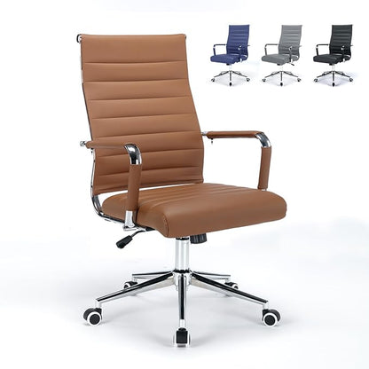 Office Desk Chair Leather, Conference Room Chairs with Wheels, Executive Modern High Back Ergonomic Swivel Rolling Ribbed Computer Chair(Brown)
