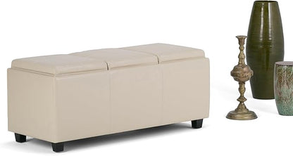 SIMPLIHOME Avalon 42 inch Wide Contemporary Rectangle Storage Ottoman in Satin Cream Vegan Faux Leather, Assembled, for the Living Room, Entryway and Family Room