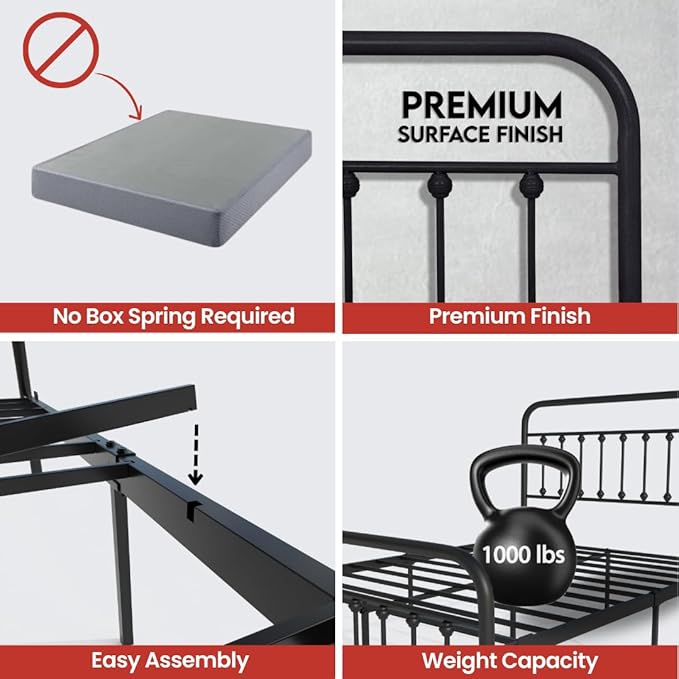 Golden Gate Beds Vintage Style Metal Bed Frame with Wrought Iron Headboard and Footboard, Classic Platform Bedframe with Storage, No Box Spring Needed, Mattress Foundation, Black, Full Size