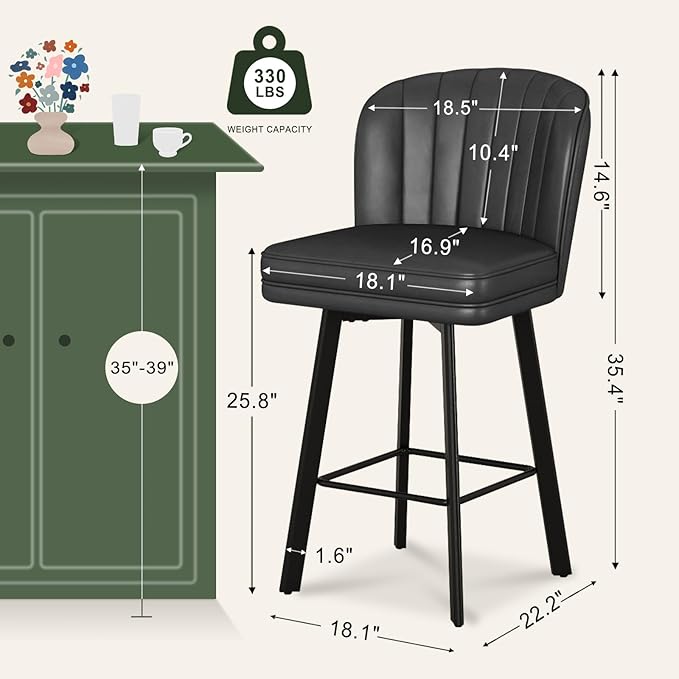 Swivel Counter Height Bar Stools Set of 2, 26'' Modern Barstools with Backs and Metal Legs, Upholstered Bar Chairs, Faux Leather Black Stools for Kitchen Island Chairs