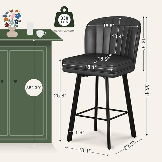 Swivel Counter Height Bar Stools Set of 3, 26'' Modern Barstools with Backs and Metal Legs, Upholstered Bar Chairs, Faux Leather Black Stools for Kitchen Island Chairs